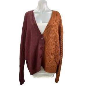 Collusion Women's Brown Cable Knit V Neck Button Up Cardigan Sweater Top Size M